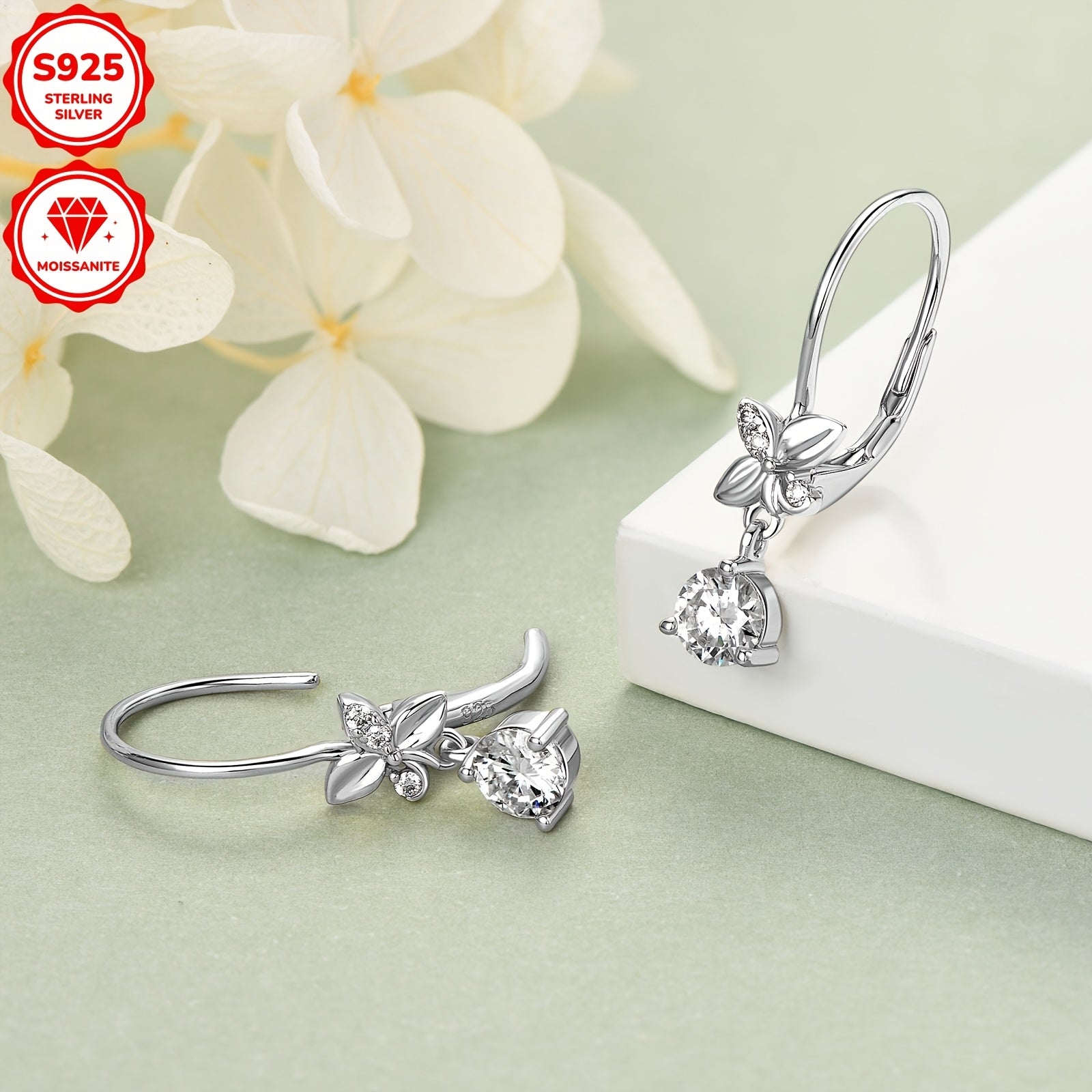 [2pcs Moissanite Earrings] 2pcs 5mm Moissanite Earrings, 925 Silver Dangle Style Round Moissanite Earrings Jewelry Gift | Silver Weight 2.04g, 1.3mm*6pcs, 0.53ct*2pcs Pair of Women's Earrings