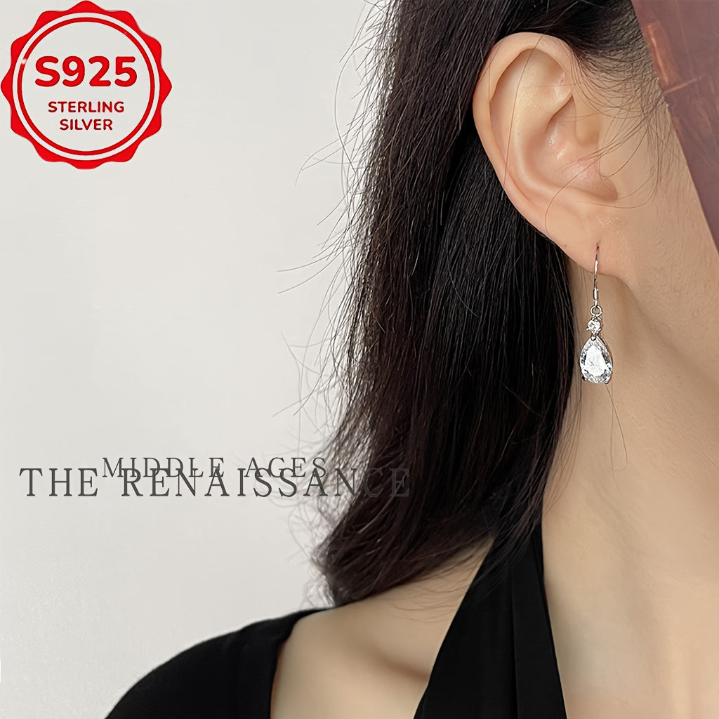 Elegant S925 Sterling Silver Teardrop Earrings with Large Cubic Zirconia - Vintage-Inspired, Sparkling Drop Design for Parties, Mother'S Day & Valentine'S Gifts, Party Jewelry, Luxurious Finish