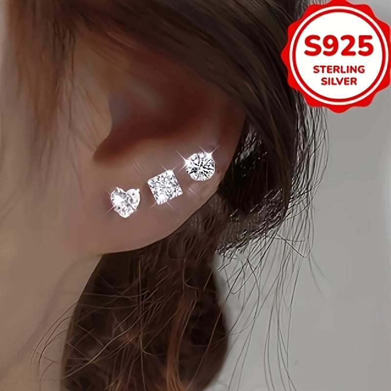 6pcs Set, 1.5g Hypoallergenic S925 Silver Women's Fashion Stud Earrings with Synthetic Synthetic Zirconia, Heart and Square Shapes, Minimalist Elegant Jewelry for Casual Attire or Special Occasions