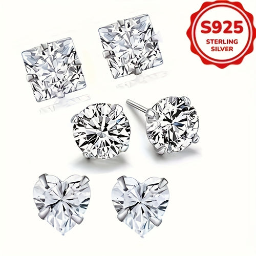 6pcs Set, 1.5g Hypoallergenic S925 Silver Women's Fashion Stud Earrings with Synthetic Synthetic Zirconia, Heart and Square Shapes, Minimalist Elegant Jewelry for Casual Attire or Special Occasions