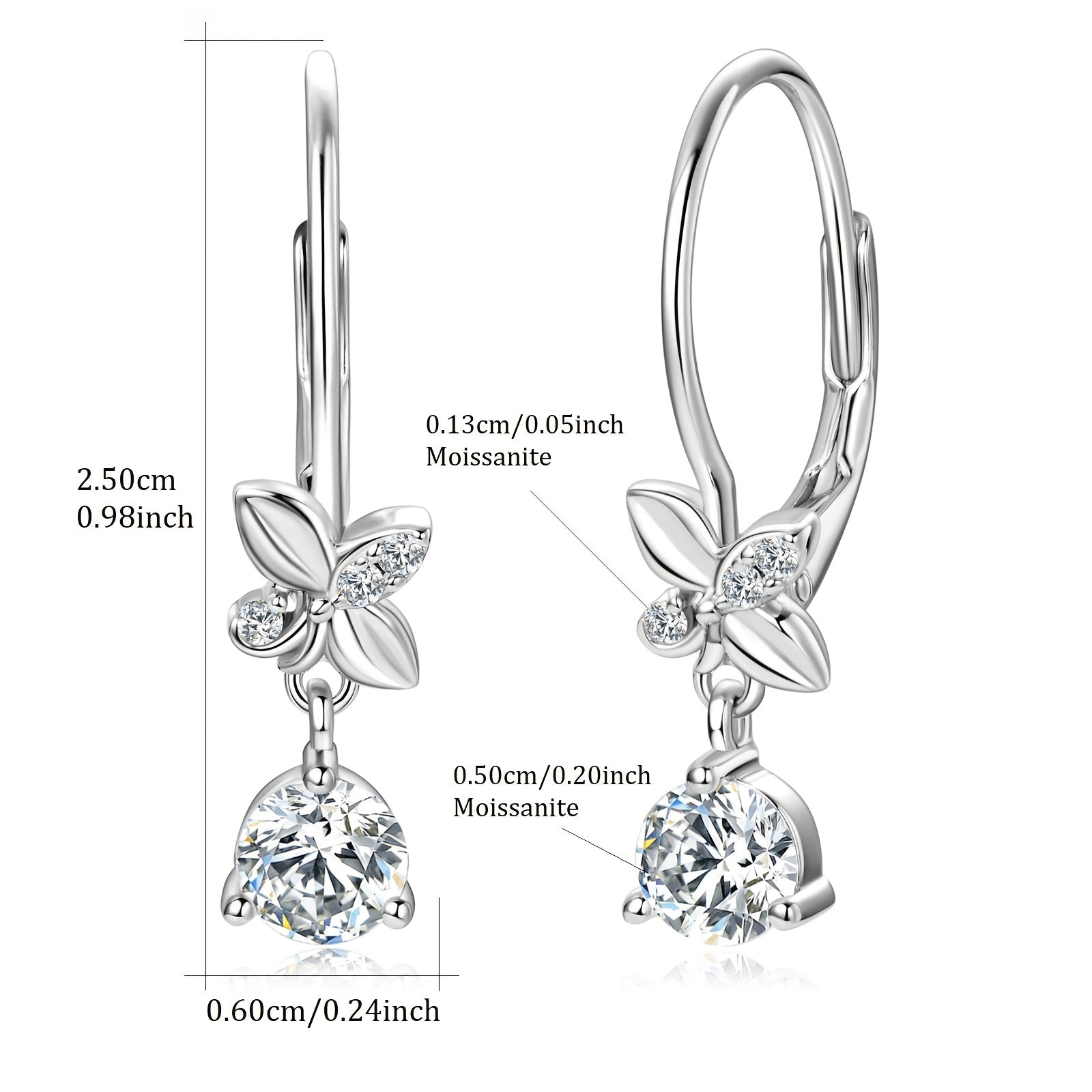 [2pcs Moissanite Earrings] 2pcs 5mm Moissanite Earrings, 925 Silver Dangle Style Round Moissanite Earrings Jewelry Gift | Silver Weight 2.04g, 1.3mm*6pcs, 0.53ct*2pcs Pair of Women's Earrings