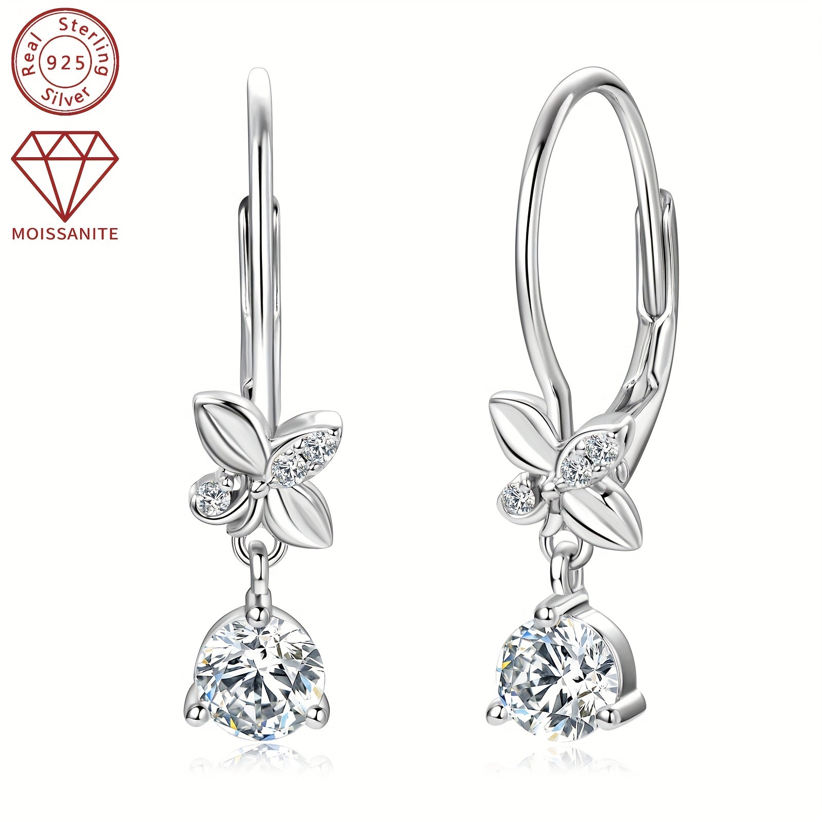 [2pcs Moissanite Earrings] 2pcs 5mm Moissanite Earrings, 925 Silver Dangle Style Round Moissanite Earrings Jewelry Gift | Silver Weight 2.04g, 1.3mm*6pcs, 0.53ct*2pcs Pair of Women's Earrings