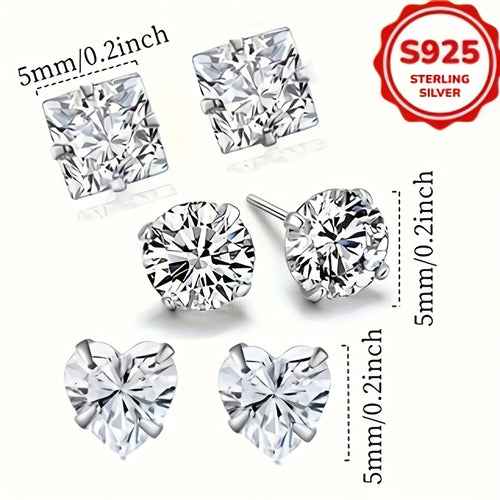6pcs Set, 1.5g Hypoallergenic S925 Silver Women's Fashion Stud Earrings with Synthetic Synthetic Zirconia, Heart and Square Shapes, Minimalist Elegant Jewelry for Casual Attire or Special Occasions