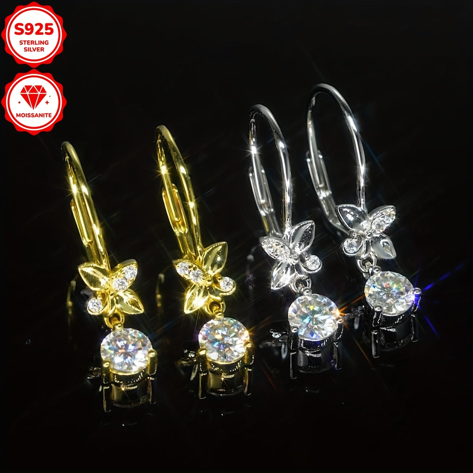 [2pcs Moissanite Earrings] 2pcs 5mm Moissanite Earrings, 925 Silver Dangle Style Round Moissanite Earrings Jewelry Gift | Silver Weight 2.04g, 1.3mm*6pcs, 0.53ct*2pcs Pair of Women's Earrings