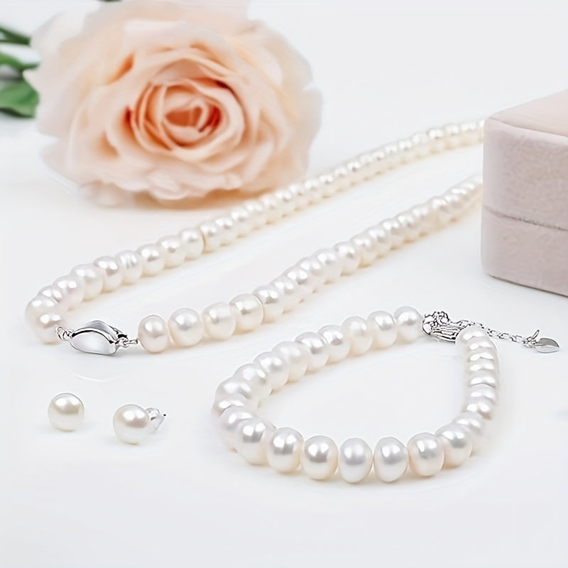 Retro Fashion Atmosphere Elegant Light Luxury 7-8mm Fresh Water Pearl Three-piece Set, Locking Earpins Are 925 Silver, Hypoallergenic, Banquet Party Or Daily Can Be Worn, Festivals, Anniversaries, Birthdays to Elders, Friends, Lovers Gifts, Gift Box