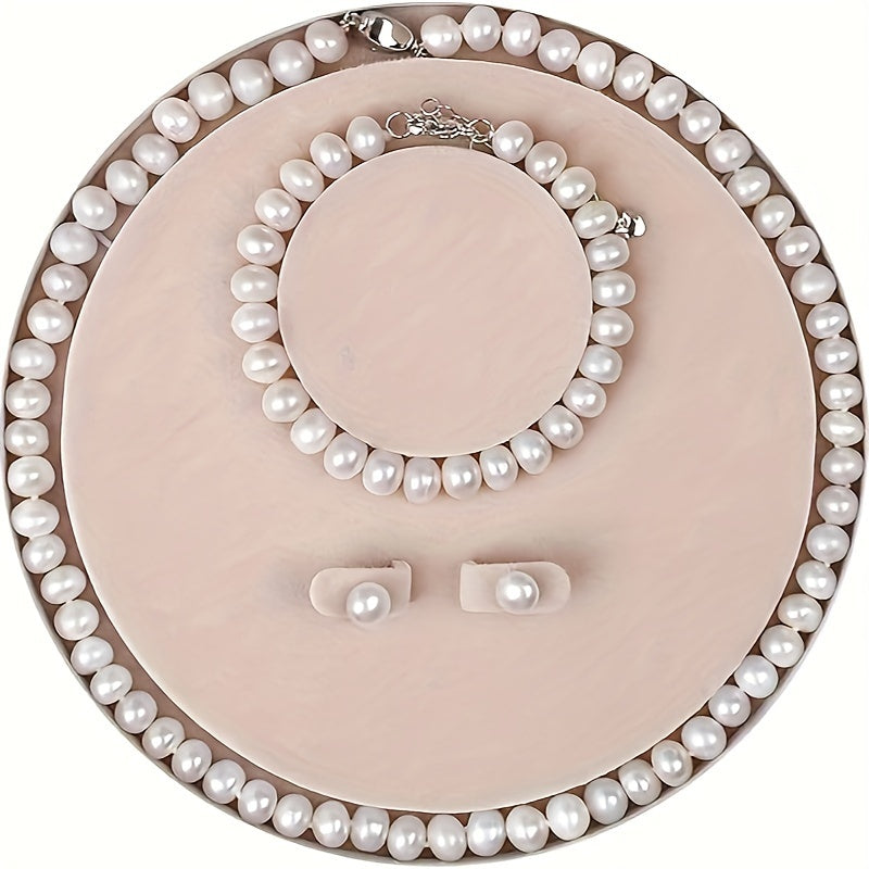 Retro Fashion Atmosphere Elegant Light Luxury 7-8mm Fresh Water Pearl Three-piece Set, Locking Earpins Are 925 Silver, Hypoallergenic, Banquet Party Or Daily Can Be Worn, Festivals, Anniversaries, Birthdays to Elders, Friends, Lovers Gifts, Gift Box
