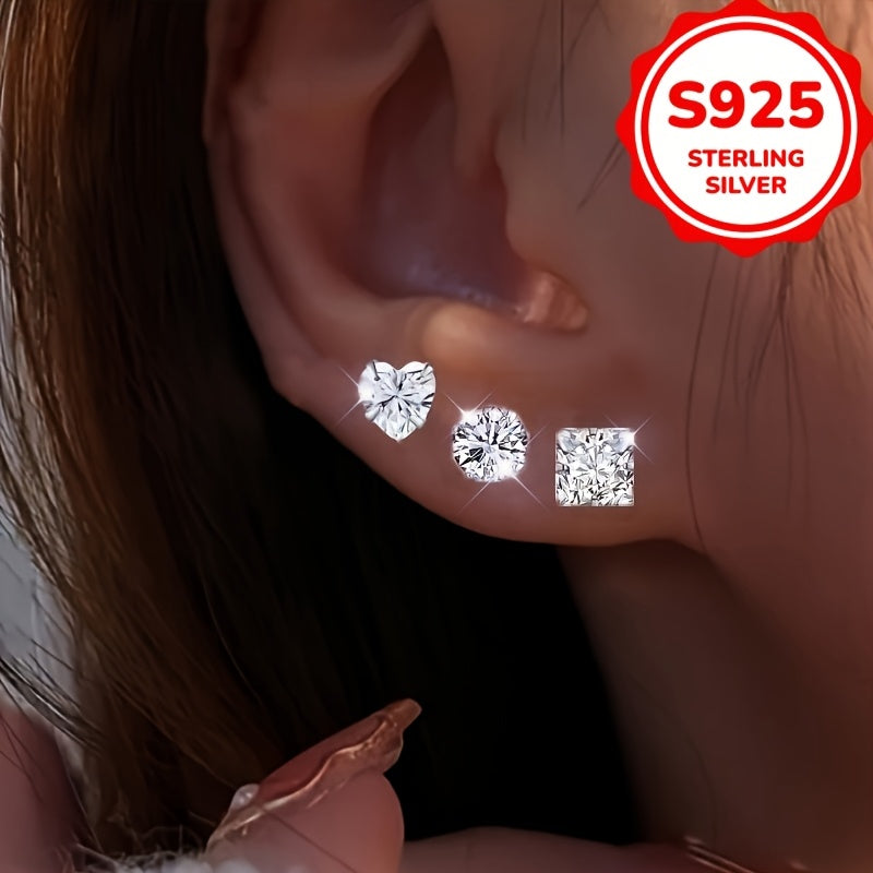 6pcs Set, 1.5g Hypoallergenic S925 Silver Women's Fashion Stud Earrings with Synthetic Synthetic Zirconia, Heart and Square Shapes, Minimalist Elegant Jewelry for Casual Attire or Special Occasions