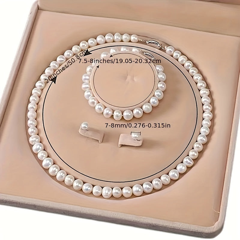 Retro Fashion Atmosphere Elegant Light Luxury 7-8mm Fresh Water Pearl Three-piece Set, Locking Earpins Are 925 Silver, Hypoallergenic, Banquet Party Or Daily Can Be Worn, Festivals, Anniversaries, Birthdays to Elders, Friends, Lovers Gifts, Gift Box