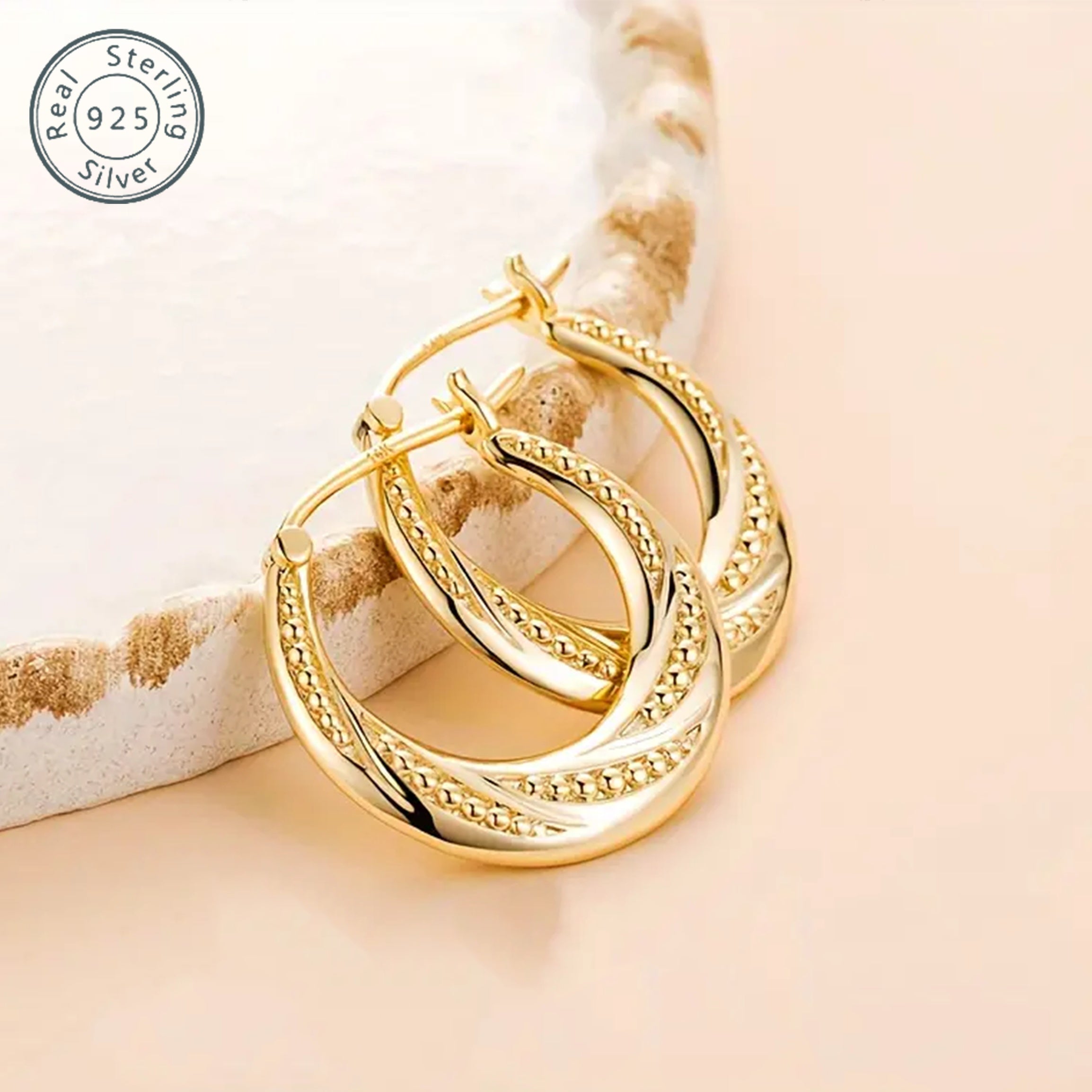 [Golden Earrings] 1pc 18k Golden Plated | Bead Spiral Earrings 925 Sterling Silver Earrings for women Gift