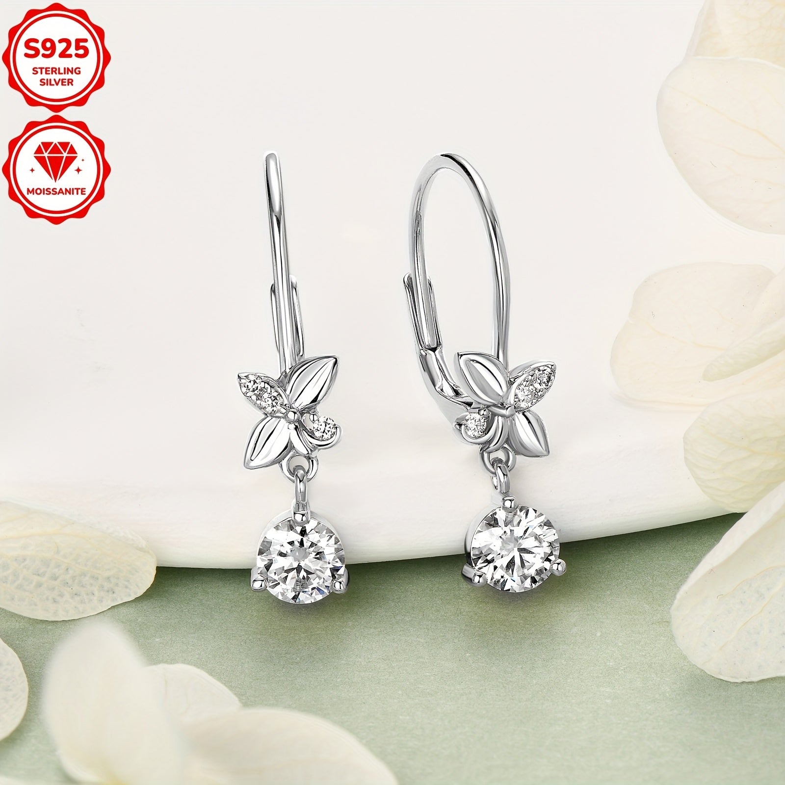 [2pcs Moissanite Earrings] 2pcs 5mm Moissanite Earrings, 925 Silver Dangle Style Round Moissanite Earrings Jewelry Gift | Silver Weight 2.04g, 1.3mm*6pcs, 0.53ct*2pcs Pair of Women's Earrings
