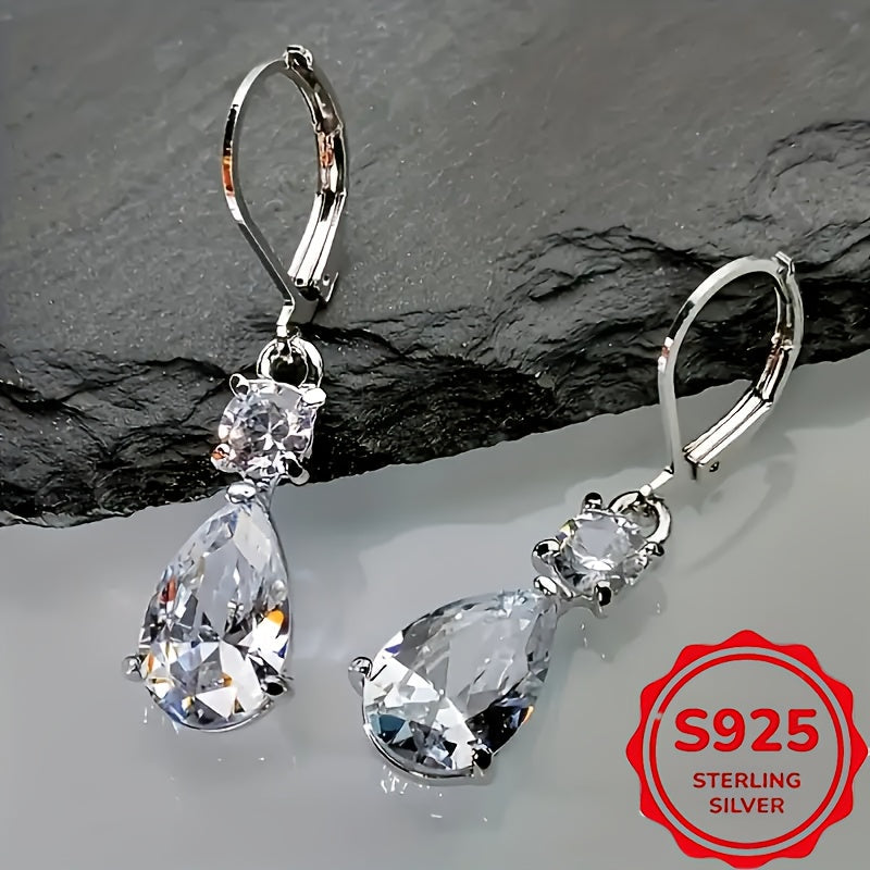 Elegant S925 Sterling Silver Teardrop Earrings with Large Cubic Zirconia - Vintage-Inspired, Sparkling Drop Design for Parties, Mother'S Day & Valentine'S Gifts, Party Jewelry, Luxurious Finish