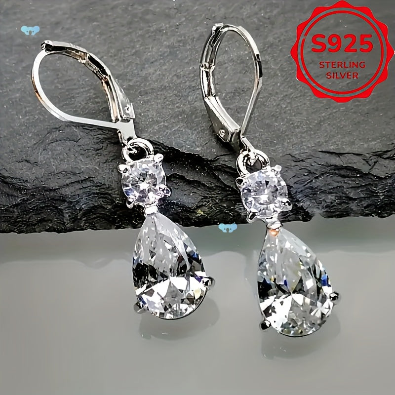 Elegant S925 Sterling Silver Teardrop Earrings with Large Cubic Zirconia - Vintage-Inspired, Sparkling Drop Design for Parties, Mother'S Day & Valentine'S Gifts, Party Jewelry, Luxurious Finish