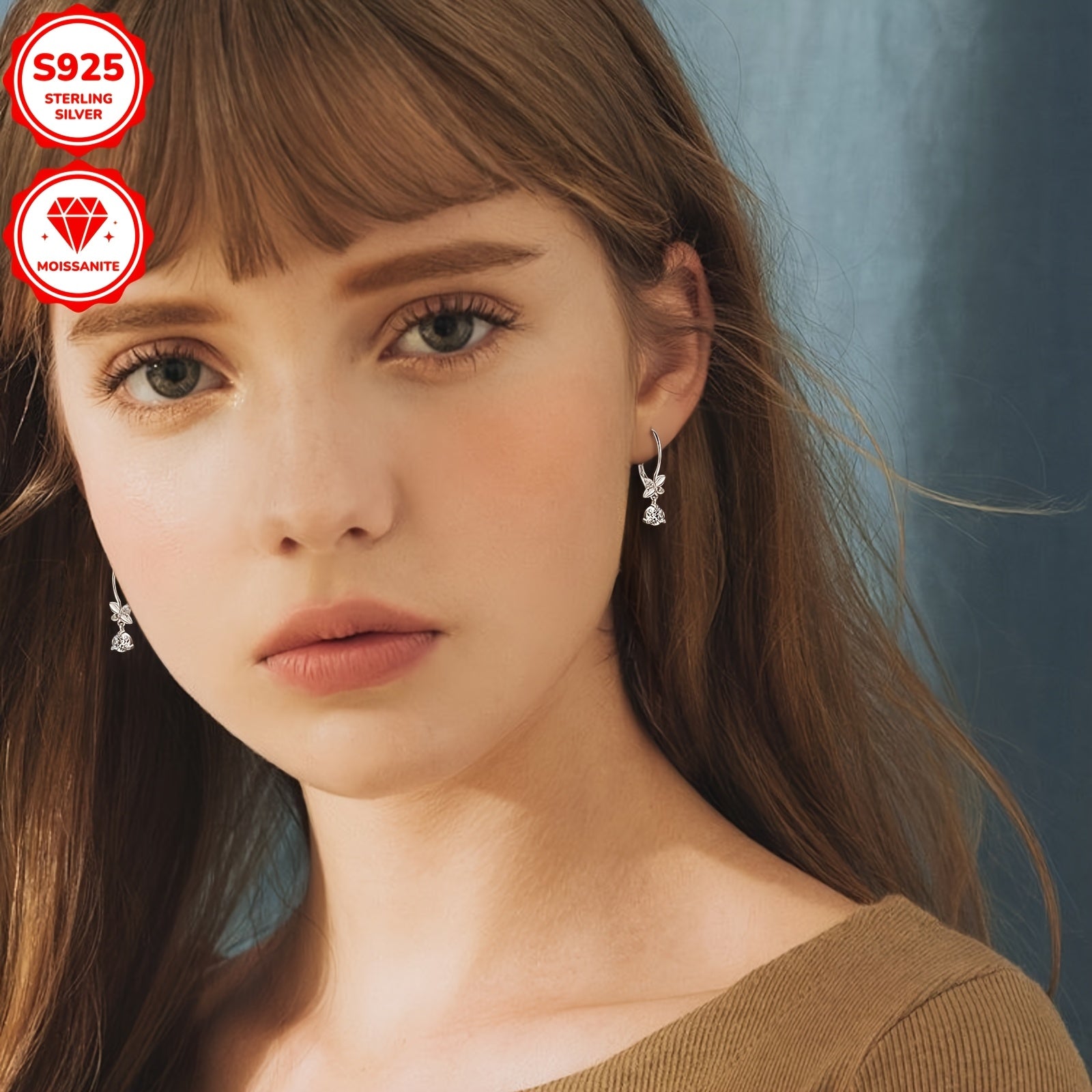 [2pcs Moissanite Earrings] 2pcs 5mm Moissanite Earrings, 925 Silver Dangle Style Round Moissanite Earrings Jewelry Gift | Silver Weight 2.04g, 1.3mm*6pcs, 0.53ct*2pcs Pair of Women's Earrings