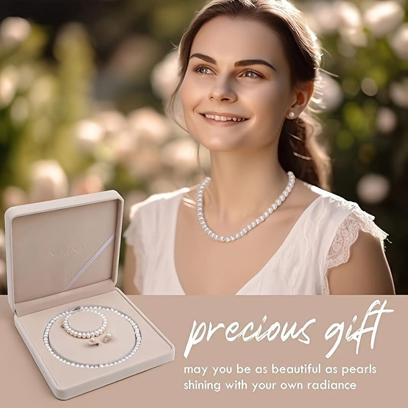 Retro Fashion Atmosphere Elegant Light Luxury 7-8mm Fresh Water Pearl Three-piece Set, Locking Earpins Are 925 Silver, Hypoallergenic, Banquet Party Or Daily Can Be Worn, Festivals, Anniversaries, Birthdays to Elders, Friends, Lovers Gifts, Gift Box