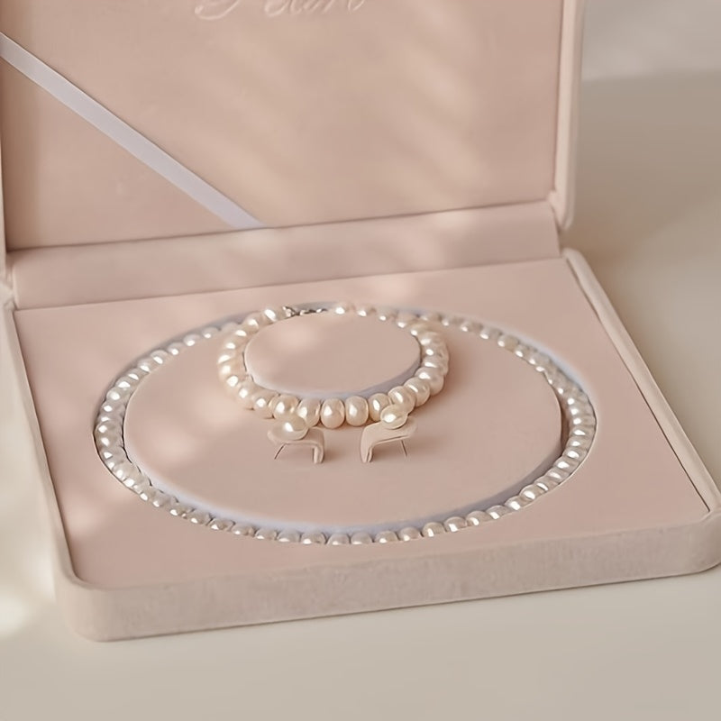 Retro Fashion Atmosphere Elegant Light Luxury 7-8mm Fresh Water Pearl Three-piece Set, Locking Earpins Are 925 Silver, Hypoallergenic, Banquet Party Or Daily Can Be Worn, Festivals, Anniversaries, Birthdays to Elders, Friends, Lovers Gifts, Gift Box