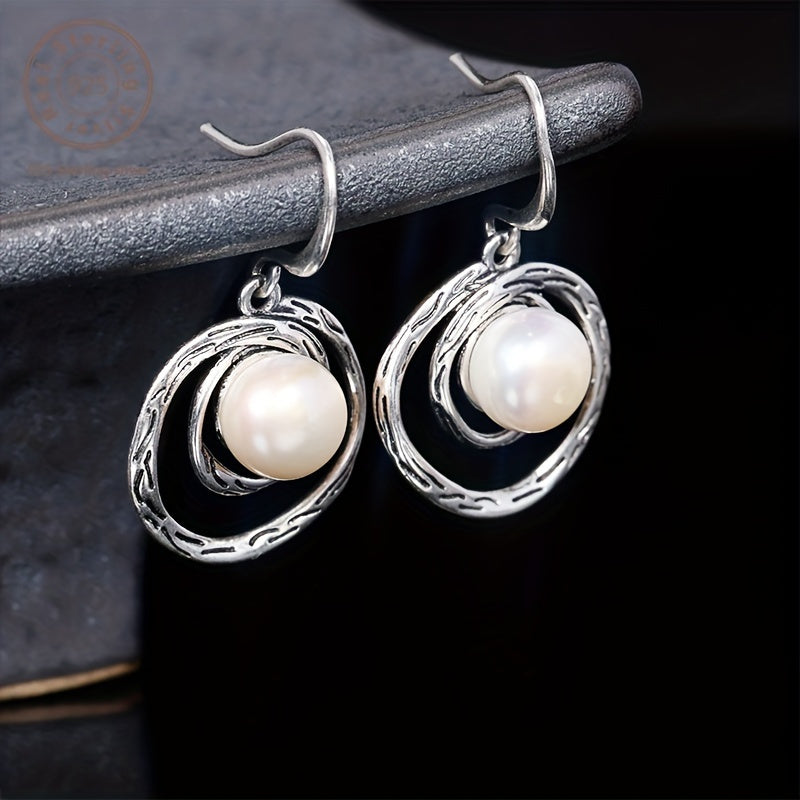 Pair of Exquisite Multi-Layered Swirl Pearl Earrings, Traditional Carved Stone Craft Three-Dimensional Pattern, Natural Freshwater Pearl, Low-Key Luxury, Attractive Temperament, Suitable for Weddings, Banquets, Parties, Equipped with a Beautiful Gift Box