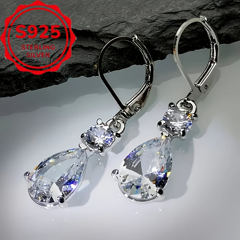Elegant S925 Sterling Silver Teardrop Earrings with Large Cubic Zirconia - Vintage-Inspired, Sparkling Drop Design for Parties, Mother'S Day & Valentine'S Gifts, Party Jewelry, Luxurious Finish
