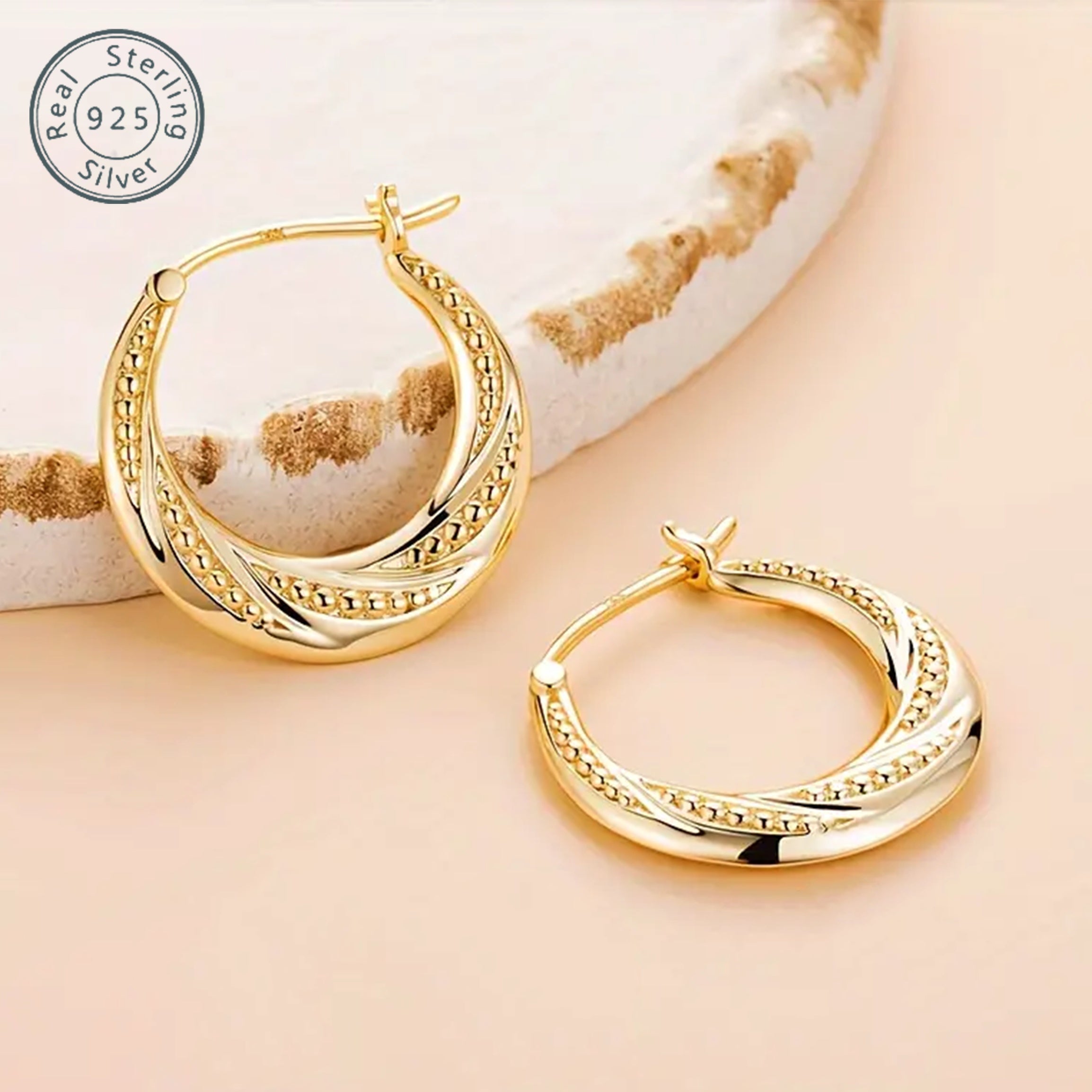 [Golden Earrings] 1pc 18k Golden Plated | Bead Spiral Earrings 925 Sterling Silver Earrings for women Gift
